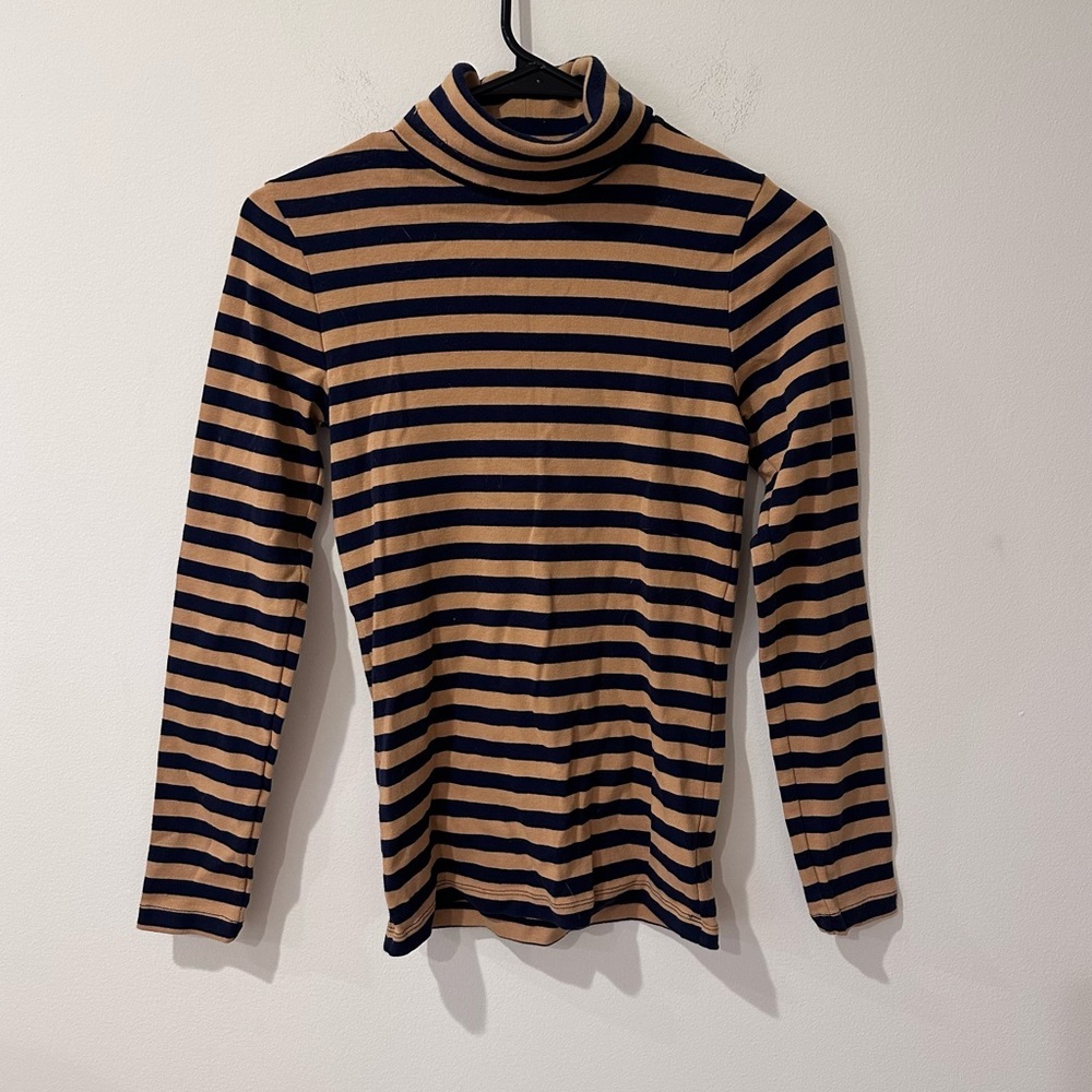 J. Crew perfect fit beige blue striped turtleneck long sleeve top